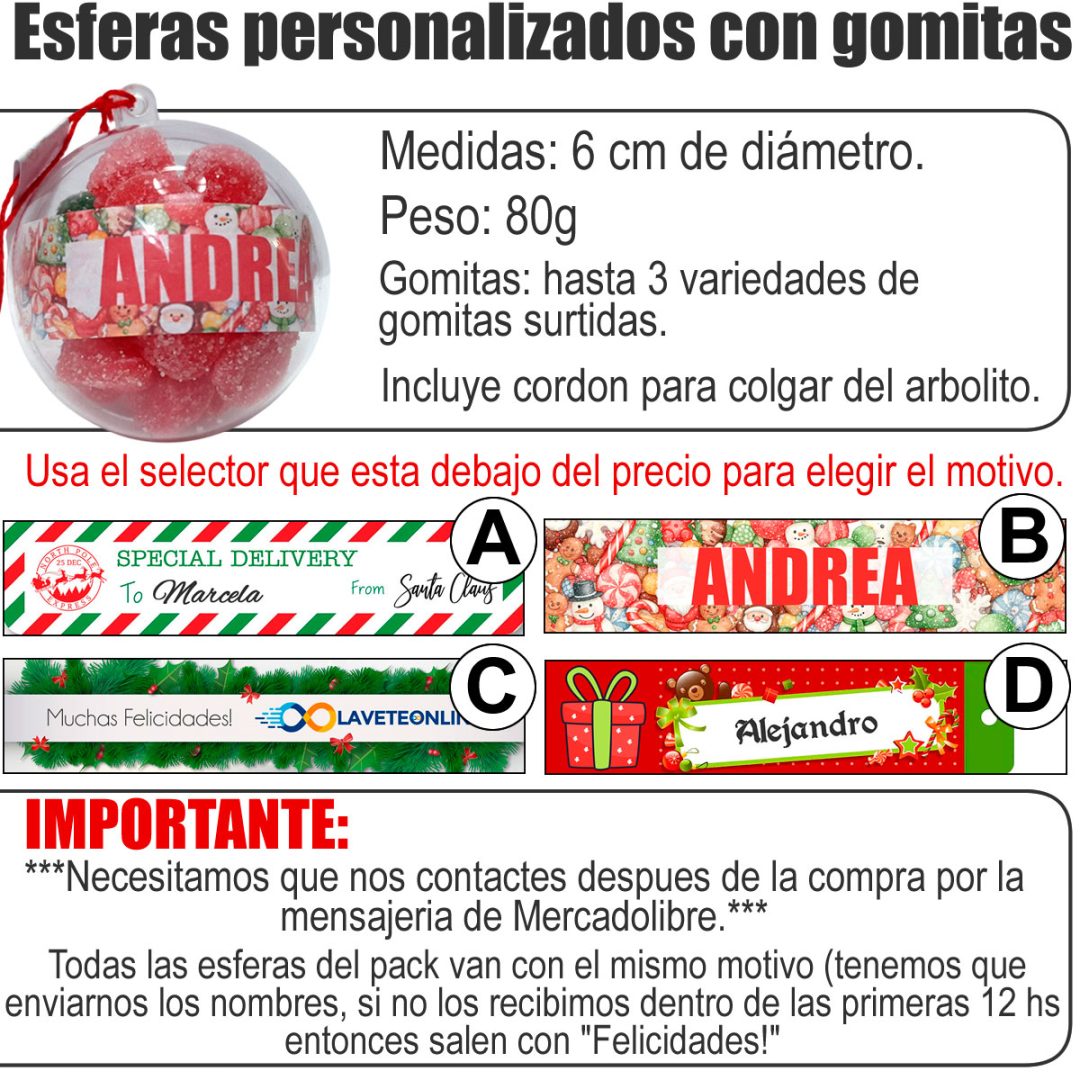 4 Esferas Navidad Personalizadas Logo Nombre C/gomitas 80g - Imagen 2